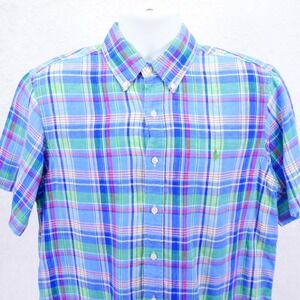 Ralph Lauren 100% Linen -Large- Blue Green Pink Plaid Short Sleeve Button Down